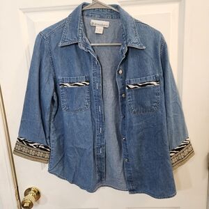 Dressbarn Women's Zebra Cuff Applique Denim Button-Up Shirt Vintage, Large 90s